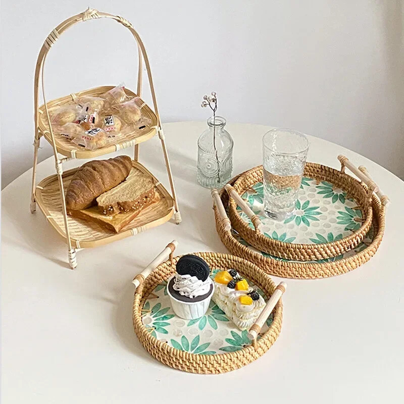 Rotangist kandikutaldrikud Pärastlõunatee kandik toidu serveerimiseks Toidutaldriku serveerimiseks suupisteroog Magustoit Puuviljad Kuivad maiustused Kook Avaleht