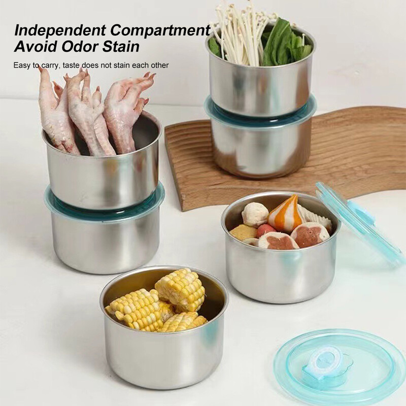 Maisto ruošimo dubenys Nerūdijančio plieno maisto laikymo dubuo su dangteliu Neperšlampami dubenys, daugkartinio naudojimo indai, virtuvės reikmenys