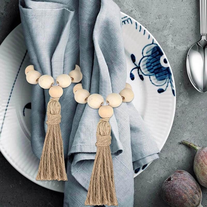 1/12 TK Puidust helmestega salvrätikurõngad Tuttide vanik Talumaja helmed Maalähedased maa-laua salvrätikuhoidja Pulmad Kodu Boho Decor