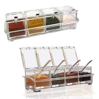 Clear Seasoning Box, Σετ με 4 Κρυστάλλινα δοχεία αποθήκευσης καρυκευμάτων με κουτάλι Clear Seasoning Rack Γλαστράκια μπαχαρικών για πιπεριά Spice