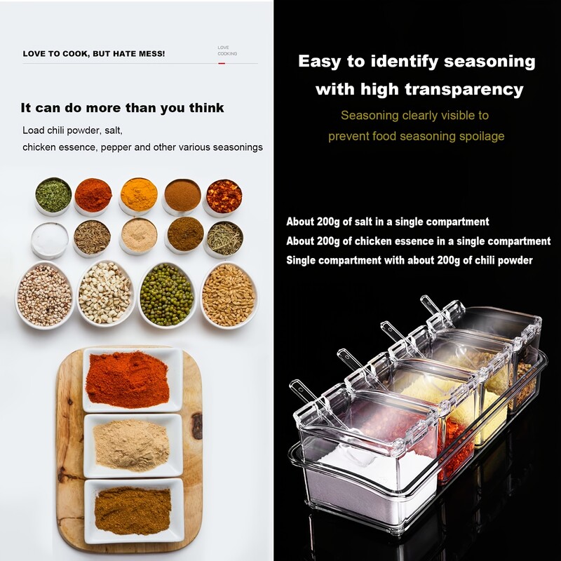 Прозрачна кутия за подправки, комплект от 4 кристални контейнера за съхранение на подправки с лъжица Прозрачна поставка за подправки Саксии за подправки за пипер