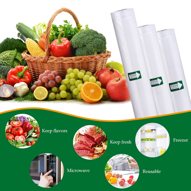 500 cm/rullid vaakumkotid toidu jaoks Vaakumtihendaja Korduvkasutatavad toiduainete sügavkülmikukotid Värske liha Puu- ja köögiviljade Säilituskott Nõudepesumasinas pestav