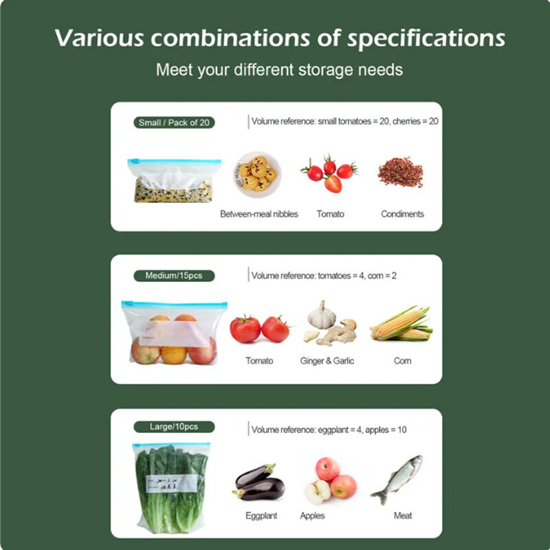 Korduvkasutatavad toiduainete säilituskotid BPA-vabad sügavkülmakotid Lekkekindel värske tihendikott Tõmblukuga säilituskotid