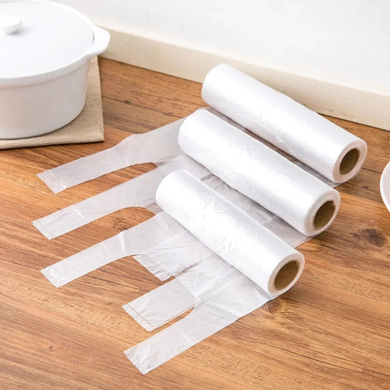 100 tk läbipaistvad rull-kilekotid värskeks hoidmiseks köögis puu- ja köögiviljad pakendikotid ühekordselt kasutatav käepidemega ümbriskott