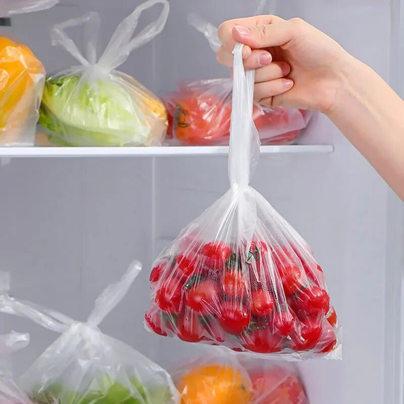 100 tk läbipaistvad rull-kilekotid värskeks hoidmiseks köögis puu- ja köögiviljad pakendikotid ühekordselt kasutatav käepidemega ümbriskott