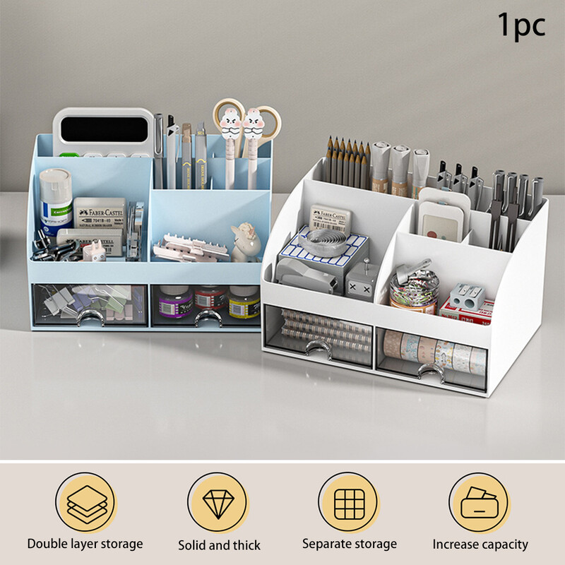 Кутия за съхранение на канцеларски материали за домашен офис 6 отделения 2 чекмеджета Декоративен органайзер за бюро Тоалетка Калъф за съхранение на грим