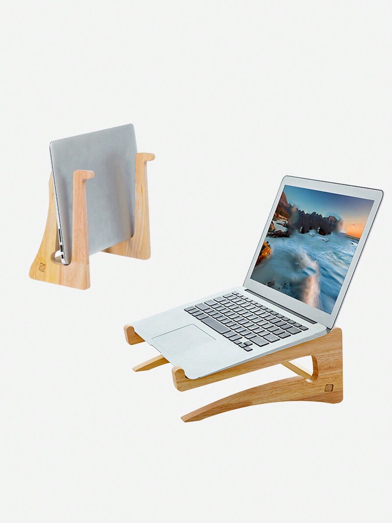 Kollane puidust sülearvuti hoiualus koos kõrgendatud vertikaalselt seisva rippuva lauaarvuti jahutusalusega