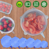 6 PCS Силиконова покривка за храна за многократна употреба Разтегателни капаци Еластична купа Покривало за микровълнова печка Кухненска обвивка Свежа Силиконова капачка Свежа капачка