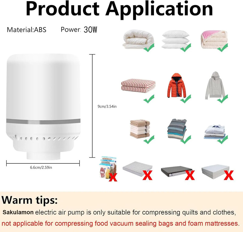 Elektriline õhupump vaakumkottide jaoks, EL, USA, Ühendkuningriik, Jaapan Pistik, sobib riiete hoiukottide jaoks Tööjõudu säästev survetööriist