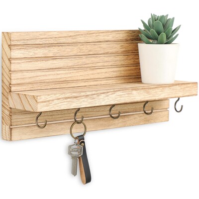 Dekoratiivne võtmehoidja seinale koos riiuliga, konksudega sissepääsuriiul hoiab jalutusrihmasid, jakke ja prille – vastupidav puidust võtmehoidja
