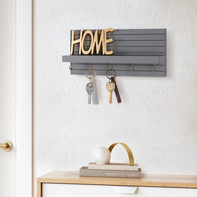 Dekoratiivne võtmehoidja seinale koos riiuliga, konksudega sissepääsuriiul hoiab jalutusrihmasid, jakke ja prille – vastupidav puidust võtmehoidja
