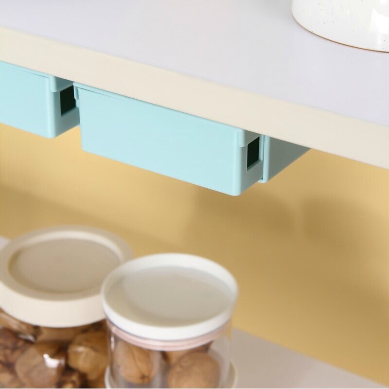 Peidetud hoiusahtli korraldaja Rippuvad mulgustusvabad sinised hoiukarbid laua all Isekleepuv sahtliümbris Mitmesugused konteinerid/0