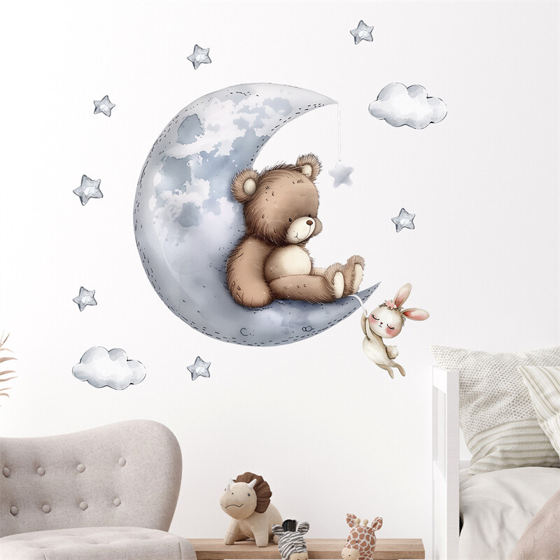 Armas kaisukarujänes kuu peal lastetubade seinakleebised beebituba lasteaia taustakaunistus seinakleebised interjööri kleebis
