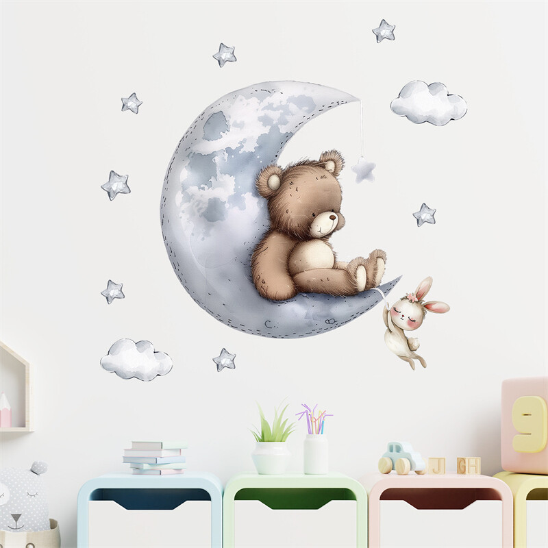 Armas kaisukarujänes kuu peal lastetubade seinakleebised beebituba lasteaia taustakaunistus seinakleebised interjööri kleebis