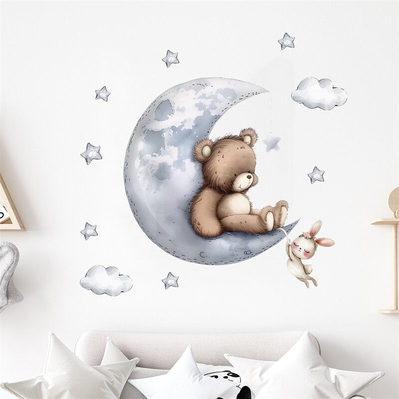 Armas kaisukarujänes kuu peal lastetubade seinakleebised beebituba lasteaia taustakaunistus seinakleebised interjööri kleebis