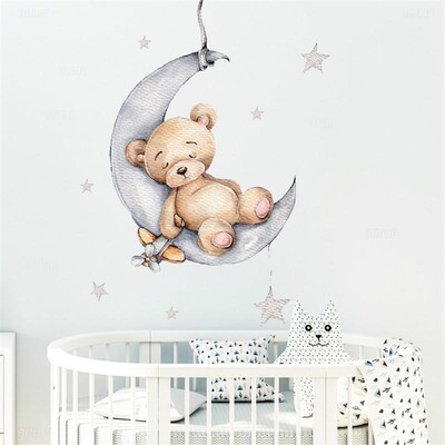 Autocolante de perete cu lună, ursuleț de plus de desene animate, pentru camera copiilor, autocolant decor pentru creșă pentru copii