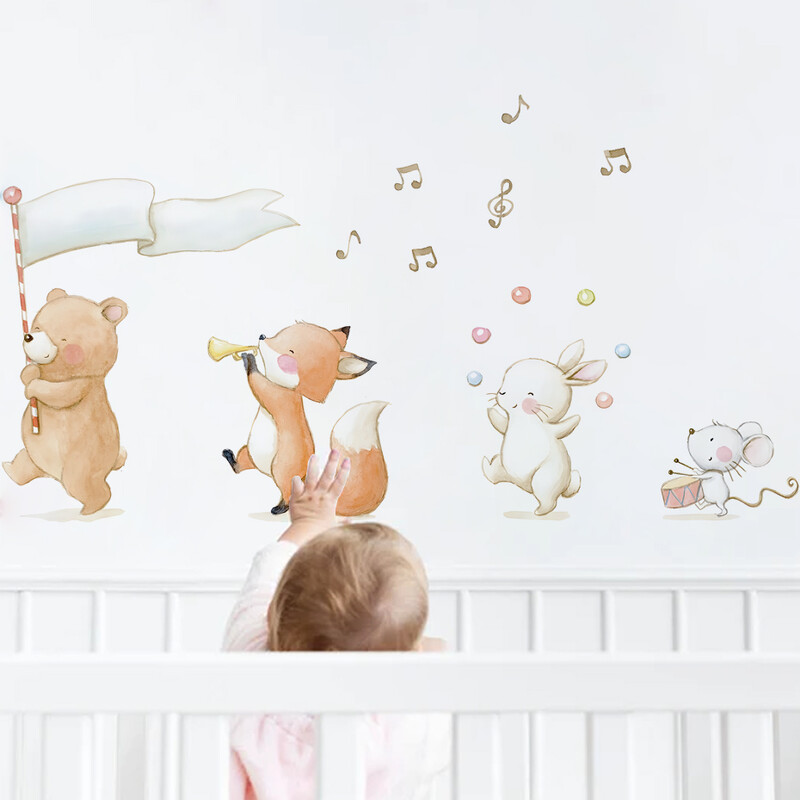 Boho Watercolor Animal Band Music Player Αυτοκόλλητα τοίχου για Παιδικό Δωμάτιο Βρεφικό δωμάτιο Διακόσμηση Τοίχου Αυτοκόλλητα τοίχου Διακόσμηση σπιτιού PVC