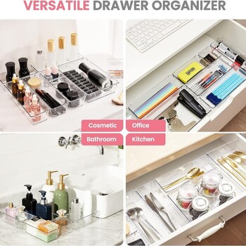 Clear Plastic συρτάρι Organizers Desk Dividers Κάδοι για το σπίτι Μασάρι γραφείου Κουζίνα Συρτάρι Διαχωριστικό μακιγιάζ Κοσμήματα Οργάνωση Gadg