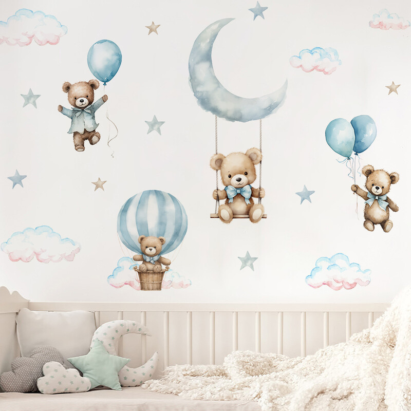 Αυτοκόλλητα τοίχου με ακουαρέλα Bear Hot Air Balloon Cloud Μπλε χρώμα για παιδικό δωμάτιο Βρεφικό δωμάτιο Αυτοκόλλητα τοίχου παιδικού δωματίου Αυτοκόλλητα για αγόρι