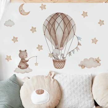 Cartoon Bear Rabbits Hot Air Balloon Animals Αυτοκόλλητα τοίχου για παιδικό δωμάτιο Διακόσμηση δωματίου αγοριού Νηπιαγωγείο Διακόσμηση βρεφικού δωματίου Decal