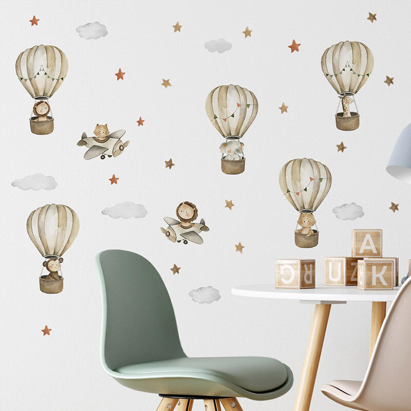 Nordic Cartoon Animals Elephant Giraffe Het Air Balloon Αυτοκόλλητο τοίχου για παιδιά Αγόρια Κορίτσια Διακόσμηση βρεφικού δωματίου Παιδική ταπετσαρία