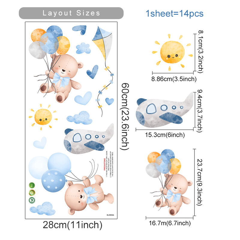 Син акварел Карикатура Мечка Облаци Звезди Стикер за стена Детска стая Винил Детски стикери за стена за бебе Детска стая Домашен декор