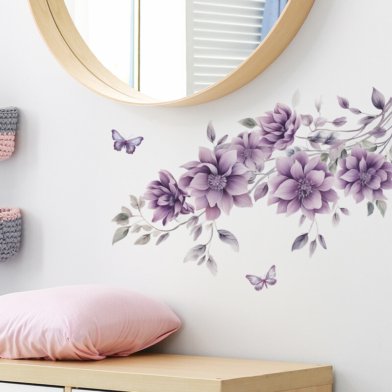 Lila virágos vinil csempe gyermek fali matrica lányszoba dekorációhoz hálószoba dekoráció ragasztós tapéta fali dekoráció szobadekoráció