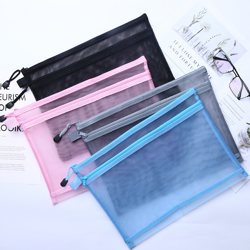 Прозрачна водоустойчива мрежеста торбичка с цип, чанта за документи, папки с размер A4 за училищни офис консумативи, молив, чанти за съхранение