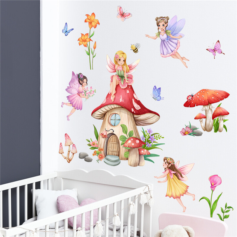 Карикатура Сладка фея Гъба Къща Растение Стикер за стена Цвете Елфи Стикери за стена за детска стая Бебе момиче Детска стая Декор за спалня