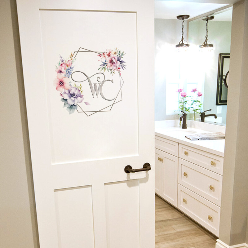 Inglise wc Garlandi lilledega seinakleebised, Vannituba, WC, Uksekaunistus, Isekleepuv