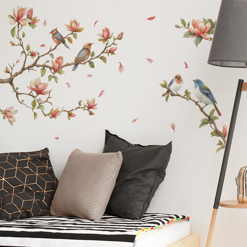 Клони магнолия Птици Стикери за стена Цветя Спалня Хол Тапети Начало Декор Стикери за стена Цветя Самозалепващи ваденки