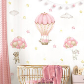 Розови животни, балон с горещ въздух, облаци, акварелни стикери за стена за детска стая, стикери за стена за детска стая, стикери за стая за момче