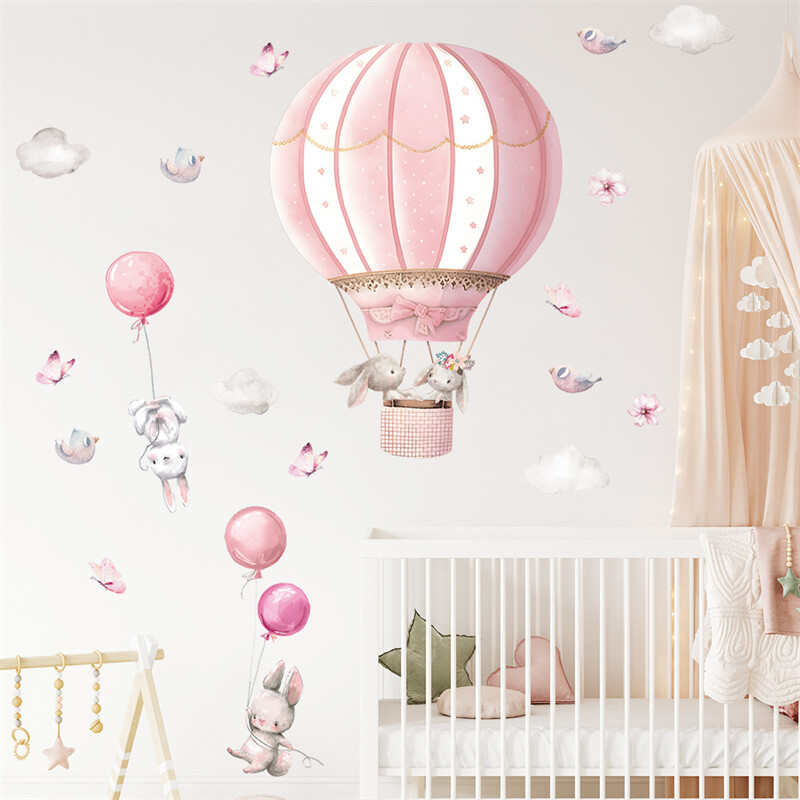 Cartoon Cute Rabbit Hot Air Balloon Clouds Μεγάλα αυτοκόλλητα τοίχου για παιδικό δωμάτιο Σαλόνι νηπιαγωγείο Παιδικά αυτοκόλλητα τοίχου