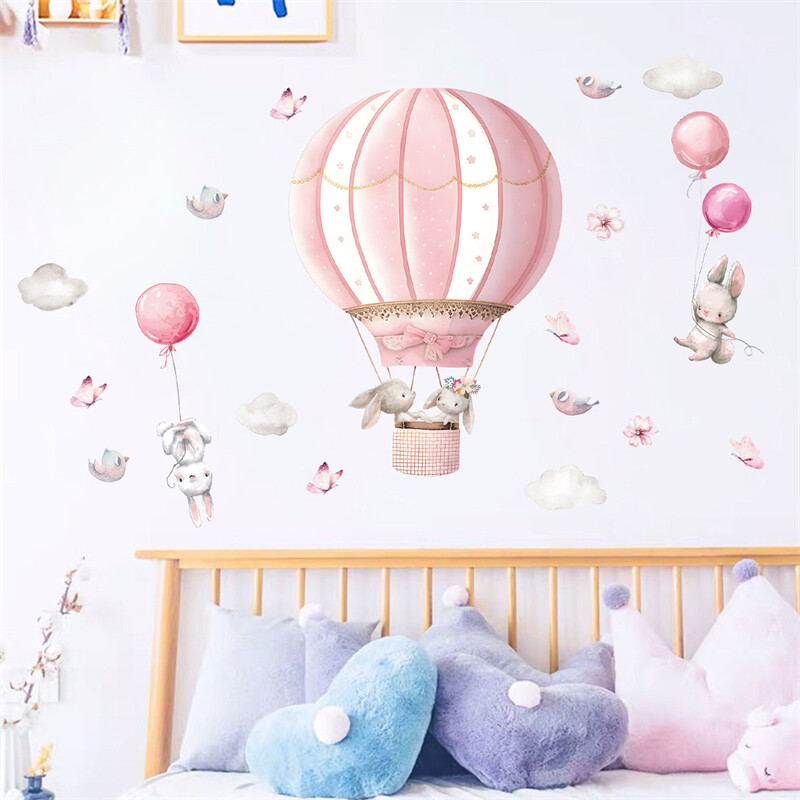 Cartoon Cute Rabbit Hot Air Balloon Clouds Μεγάλα αυτοκόλλητα τοίχου για παιδικό δωμάτιο Σαλόνι νηπιαγωγείο Παιδικά αυτοκόλλητα τοίχου