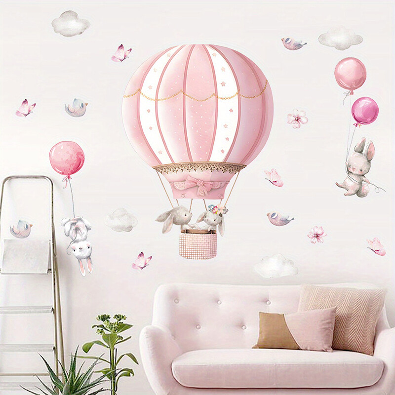 Cartoon Cute Rabbit Hot Air Balloon Clouds Μεγάλα αυτοκόλλητα τοίχου για παιδικό δωμάτιο Σαλόνι νηπιαγωγείο Παιδικά αυτοκόλλητα τοίχου