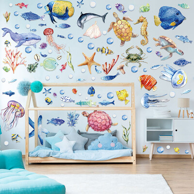 Autocolante de perete cu viață marină de desene animate pentru camere de copii Decor de perete de baie Rechin meduză Animale de mare Decori de perete DIY pentru decorarea interioară