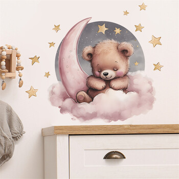 Карикатура Star Moon Sleep Bear Стикери за стена за бебешка стая Момчета Момичета Декорация на спалня Декорация на детска стая Тапети за детски стикери