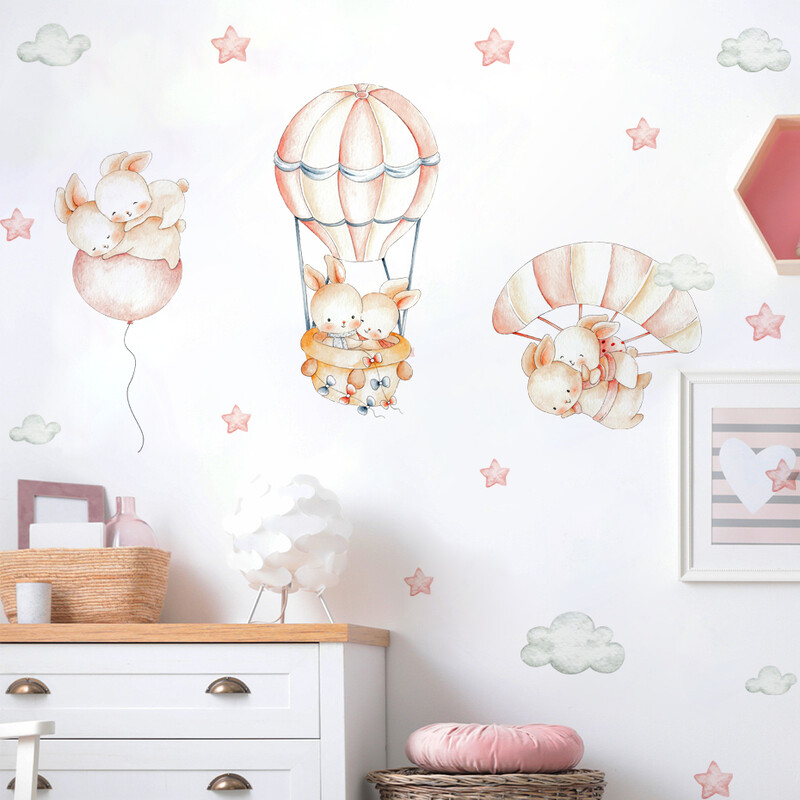 Αυτοκόλλητα τοίχου με κινούμενα σχέδια κουνέλια με αερόστατο για Παιδικό δωμάτιο Διακόσμηση παιδικού υπνοδωματίου Βρεφικός παιδικός σταθμός Αυτοκόλλητα τοίχου νηπιαγωγείου