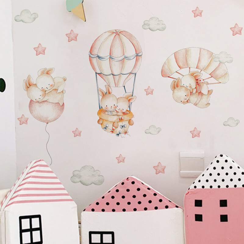 Αυτοκόλλητα τοίχου με κινούμενα σχέδια κουνέλια με αερόστατο για Παιδικό δωμάτιο Διακόσμηση παιδικού υπνοδωματίου Βρεφικός παιδικός σταθμός Αυτοκόλλητα τοίχου νηπιαγωγείου