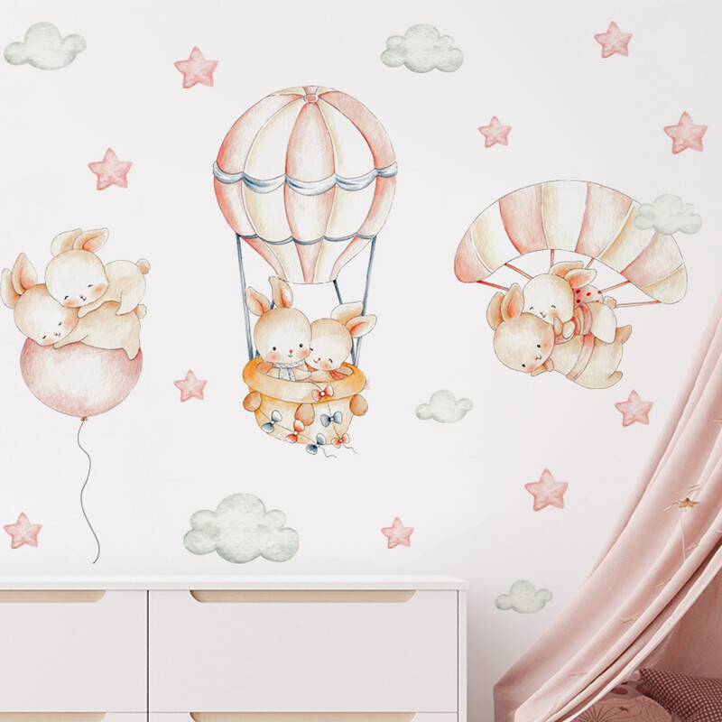 Αυτοκόλλητα τοίχου με κινούμενα σχέδια κουνέλια με αερόστατο για Παιδικό δωμάτιο Διακόσμηση παιδικού υπνοδωματίου Βρεφικός παιδικός σταθμός Αυτοκόλλητα τοίχου νηπιαγωγείου