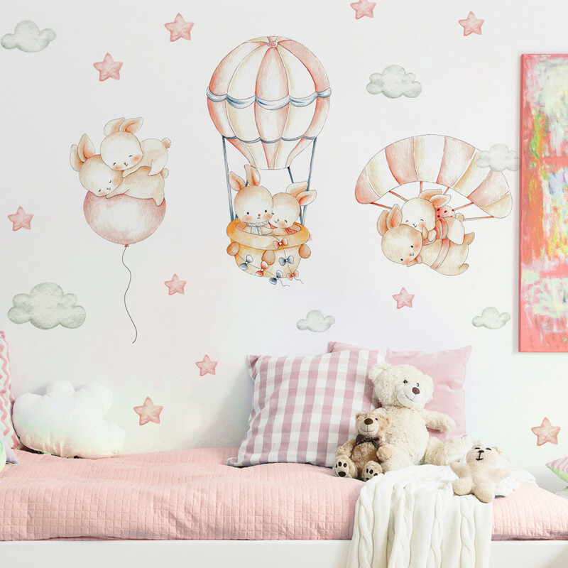 Αυτοκόλλητα τοίχου με κινούμενα σχέδια κουνέλια με αερόστατο για Παιδικό δωμάτιο Διακόσμηση παιδικού υπνοδωματίου Βρεφικός παιδικός σταθμός Αυτοκόλλητα τοίχου νηπιαγωγείου