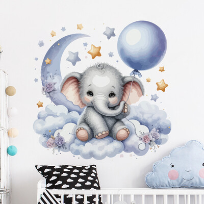 Autocolante Perete Elefant Luna Albastru Desene Animat Cameră Bebeluş Acuarelă Decorare Perete Decor Camera Copii Dormitor Sufragerie