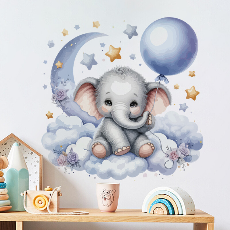 Sinine multikas Elevandikuu Seinakleebised Beebitoa Akvarell Seinakaunistus Lastetoa Sisustus Magamistoa Elutuba