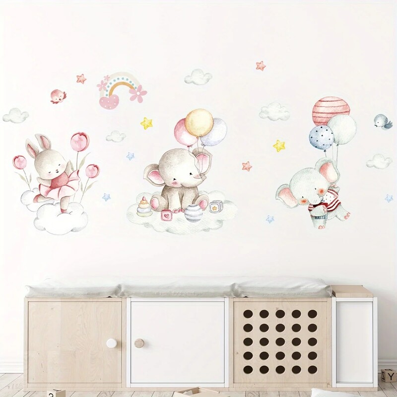 Стикери за стена с балон с карикатура за детска стая Декорация на стена за детска стая Сладък заек Слон Подвижни стикери за стена