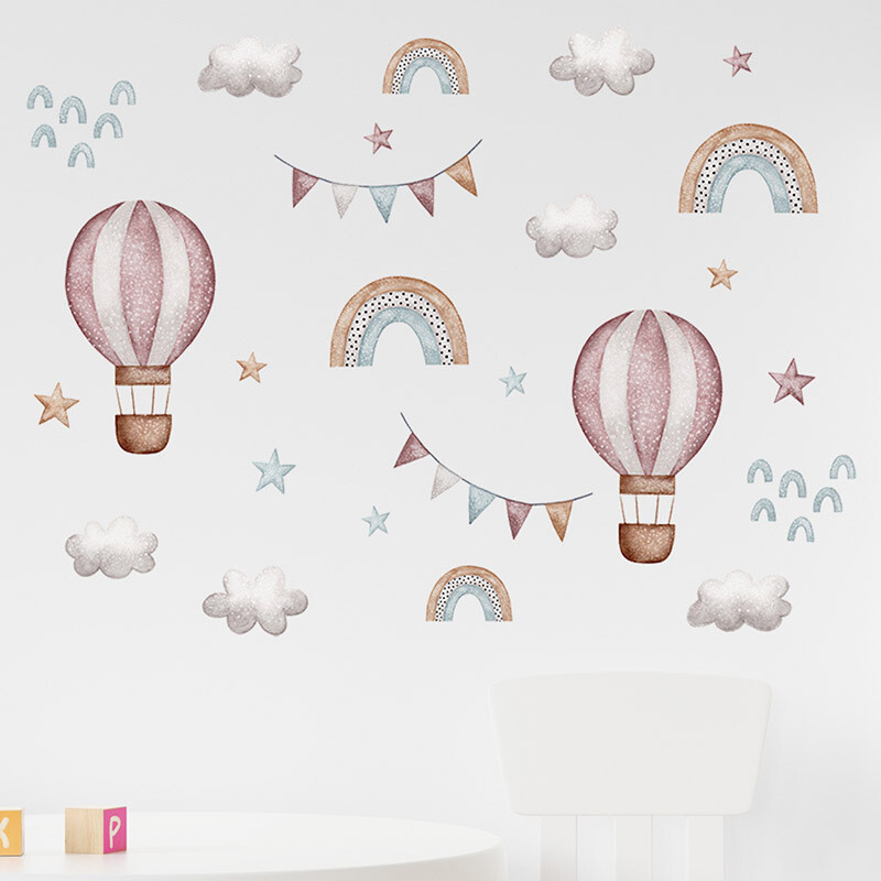 Akvarel, ružičasti balon s toplim zrakom, dugine zidne naljepnice za dječju sobu, djevojčice, dječju sobu, dječju sobu, zidne naljepnice, dječje naljepnice