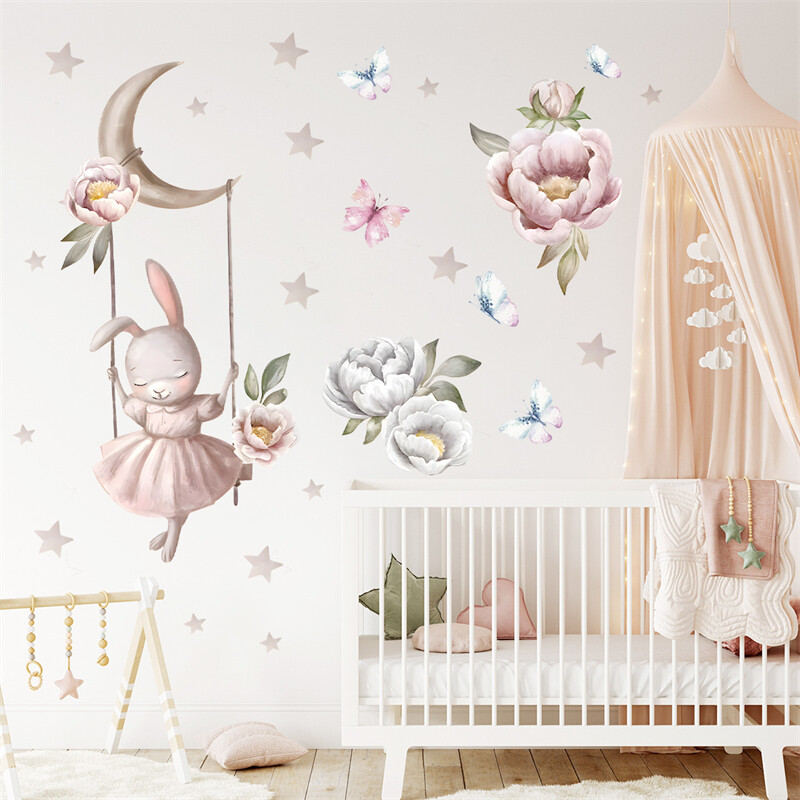 Akvarell multifilm Küülik Lill Liblikad Seinakleebised Eemaldatavad Lastele Tüdrukutele Lastetuba Laste Seinakleebised Kodukaunistus