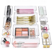 Läbipaistvad sahtli korrastajad Plastikust meigivahejaoturid Säilituskast Kummut Kontori kirjutuslaud Sahtlite eraldaja Kosmeetika Köök Kodukorrastaja