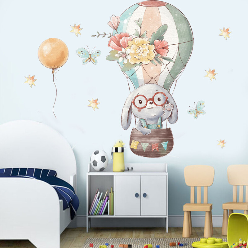 Αυτοκόλλητα αυτοκόλλητα τοίχου Cartoon Bunny Balloon Bunny για βρεφικό παιδικό δωμάτιο Διακόσμηση καλλιτεχνικής τέχνης Αφίσα τοίχου με αυτοκόλλητα από PVC