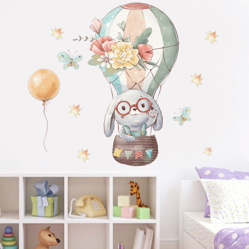 Αυτοκόλλητα αυτοκόλλητα τοίχου Cartoon Bunny Balloon Bunny για βρεφικό παιδικό δωμάτιο Διακόσμηση καλλιτεχνικής τέχνης Αφίσα τοίχου με αυτοκόλλητα από PVC