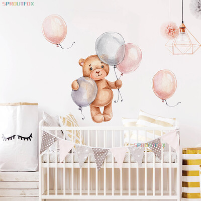 Autocolante de perete cu balon, urs brun, pentru camera copiilor, băieți, decorare pentru creșă, animale, autocolante nordice